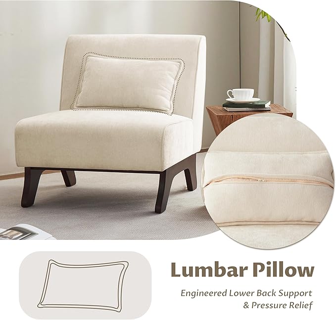 Set of 2 Upholstered Armless Accent Chair,Modern Comfy Living Room Chairs with Wooden Legs& Pillows,Lounge Sofa Side Chair for Bedroom Farmhouse Reading (Beige, 2 PCS)