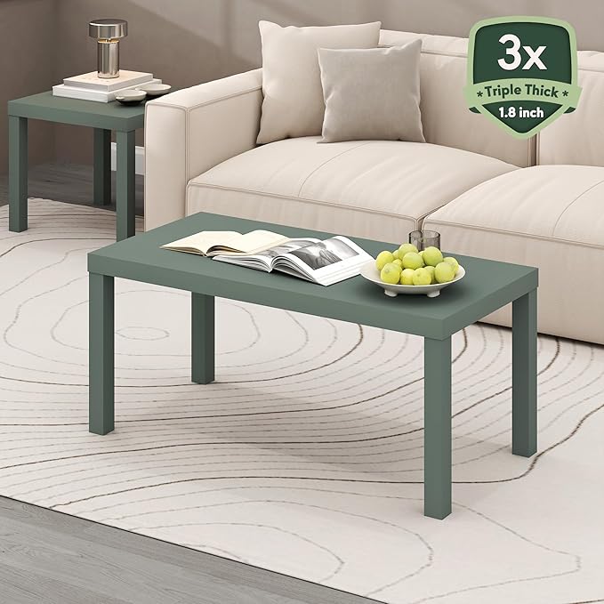 Furinno Classic Coffee Table, Modern Rectangle Coffee Table with 1.8 Inch Thick Tabletop, Side Table for Living Room, Home Office, Sage Green