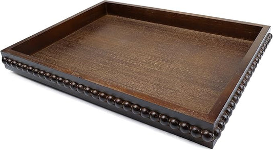 Wood Decorative Tray, Distressed Outdoor Serving Tray with Wooden Bead for Ottoman, Coffee Table, Entertaining, Home Decor, Rectangular 15.7”*11.8”*1.57” (Dark Brown)