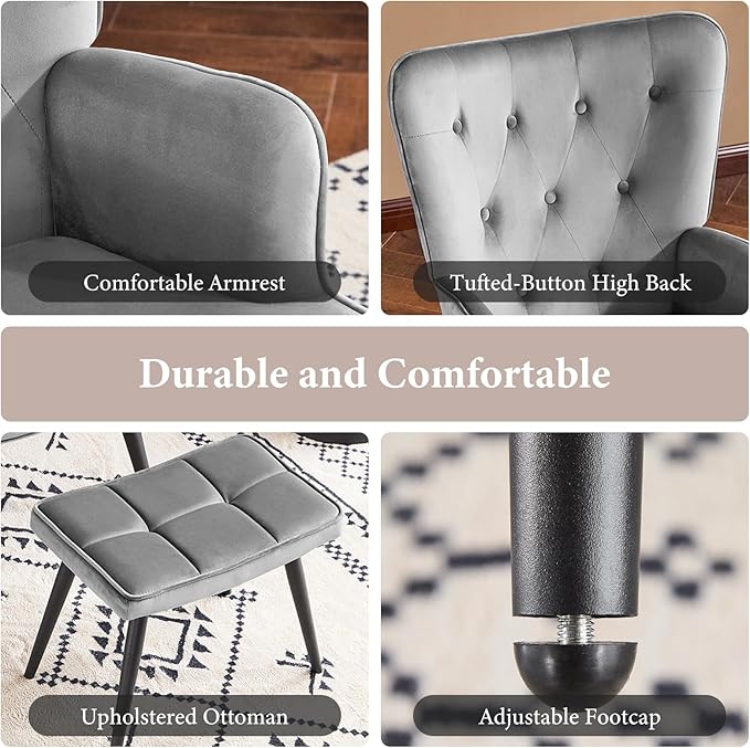Furniliving Velvet Accent Chair with Ottoman, Upholstered Reading Chair with High Backrest, Tufted-Button Wingback Armchair for Bedroom, Dressing Room, Home Office, Grey