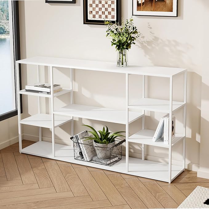 55 Inch Metal Console Table with 8 Storage Shelves,Extra Long Entryway Table,Narrow Sofa Table,Hallway Table for Entrances to Corridor, Foyer,Living Room (White, 55.12×11.81×31.5in)