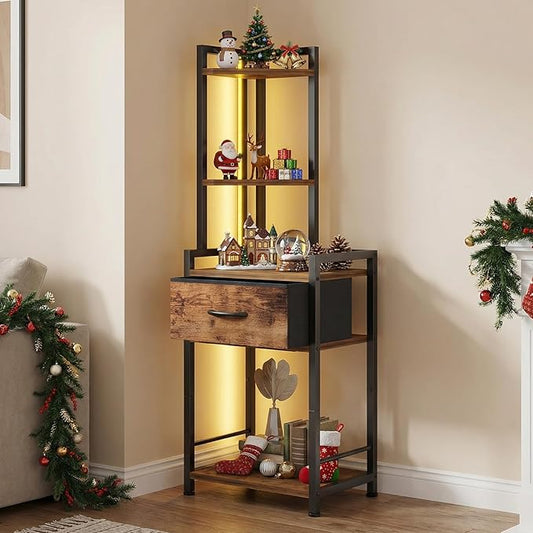 5-Tier Corner Shelf Stand with LED Lights & Fabric Drawer - Rustic Brown Freestanding Corner Cabinet Storage Organizer for Living Room, Bedroom, Office