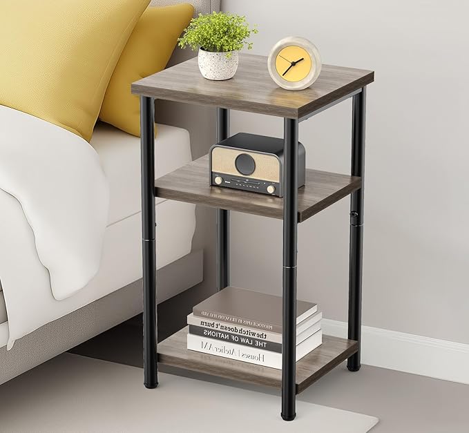 Sweetcrispy 3-Tier End Table with Adjustable Feet, Side Tables, Small Nightstand, 1-Pack for Bedroom, Living Room, Office, Grey