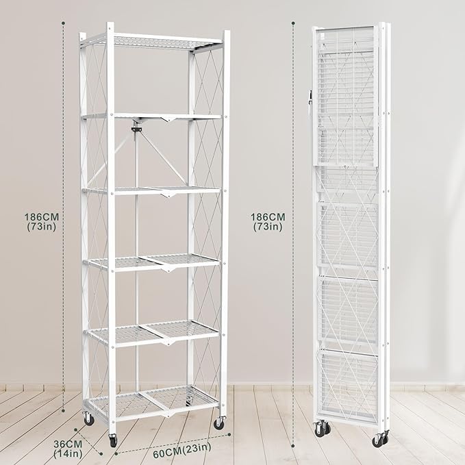 72" H 6 Tier Foldable Storage Shelf with Wheels, Folding Shelving Loads 600 LBS, Metal Steel Garage Shelves, Rolling Standing Utility Rack for Kitchen, Pantry, Office, White