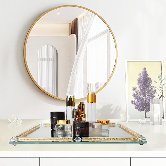 Large Mirror Perfume Tray for Dresser,Crushed Diamond Filled Glass Vanity Tray,Gold Decorative Bathroom Tray,Crystal Tray for Home Decorative,Party,Hotel Banquet,15.7x11.8x1.4inch,Gold