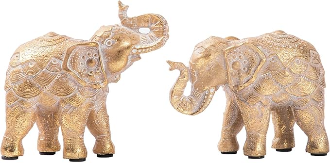 Elephant Statue for Home Decorations, Elephant Figurines with Trunk Up, Room Decor for Shelf Table Living Room Nightstand, African Elephants Gifts for Women Small Set of 2 Gold Color Accents
