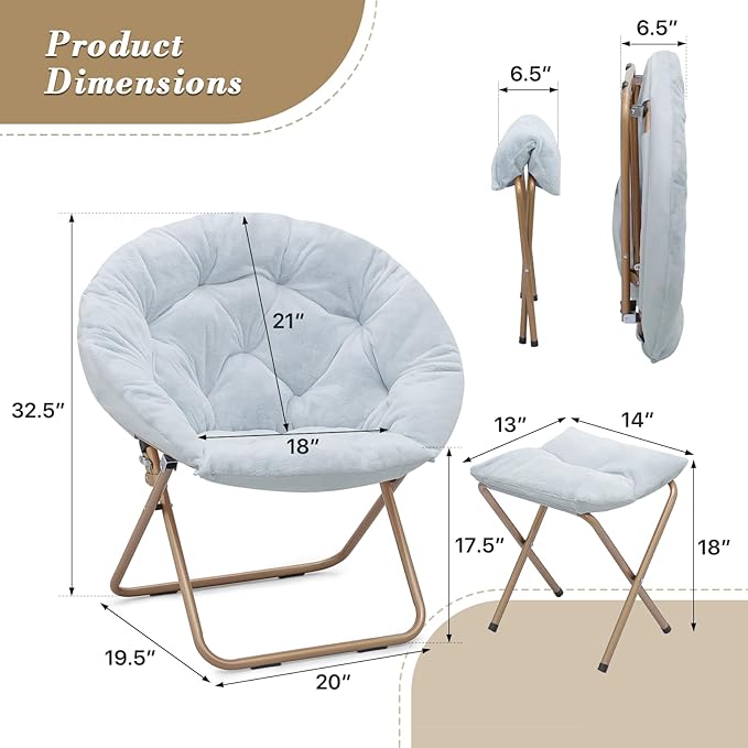 Athena Collection Saucer Chair with Ottoman Comfy Chair for Bed Room Living Room Folding Round Cozy Chair Faux Fur Metal Frame Foldable Lazy Chair Accent Chair Reading Chair Set of 2, Blue