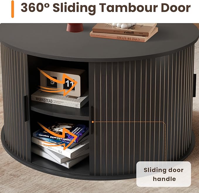 Coffee Table with Storage,31.5" Wood Round Coffee Table Hidden Storage and Open Shelves with 360°Curved Sliding Door,for Living Room Office Apartment,Black