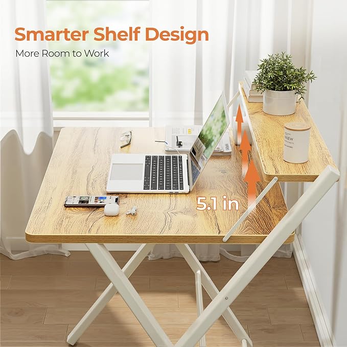 GreenForest No Assembly Folding Desk, 2-Tier Compact Computer Desk with Shelf, 30 inch Space Saving Foldable Table for Home Office, Dorm or Apartment, Portable Collapsible Sturdy Laptop Desk, Oak