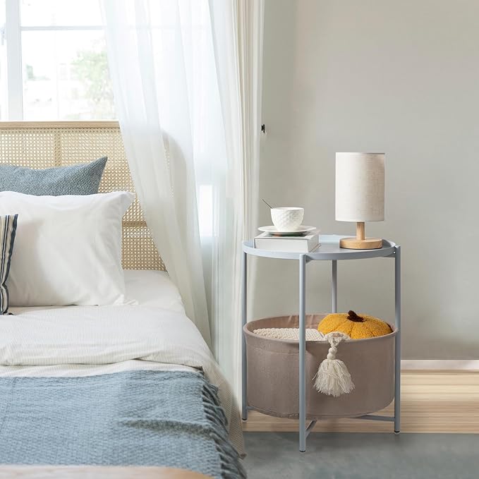 danpinera Round Side Table with Fabric Storage Basket, Metal Side Table Small Bedside Nightstand with Removable Tray Top for Living Room, Bedroom, Nursery, Laundry, Blue-Gray