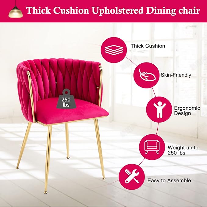 NIOIIKIT Modern Velvet Dining Chairs Hand Weaving Accent Chairs Living Room Chairs Upholstered Side Chair with Golden Metal Legs for Dining Room Kitchen Vanity Living Room (Rosered)