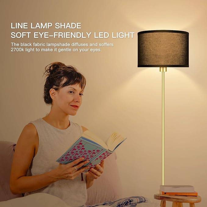 Floor Lamp, Black Standing Lamp, 58" Tall Lamps for Living Room, Simple Pole Lamp with Black Lampshade, On/Off Foot Pedal, Bright Dimming Light for Kids Room Bedroom Office Decor - Gold(No Bulb)