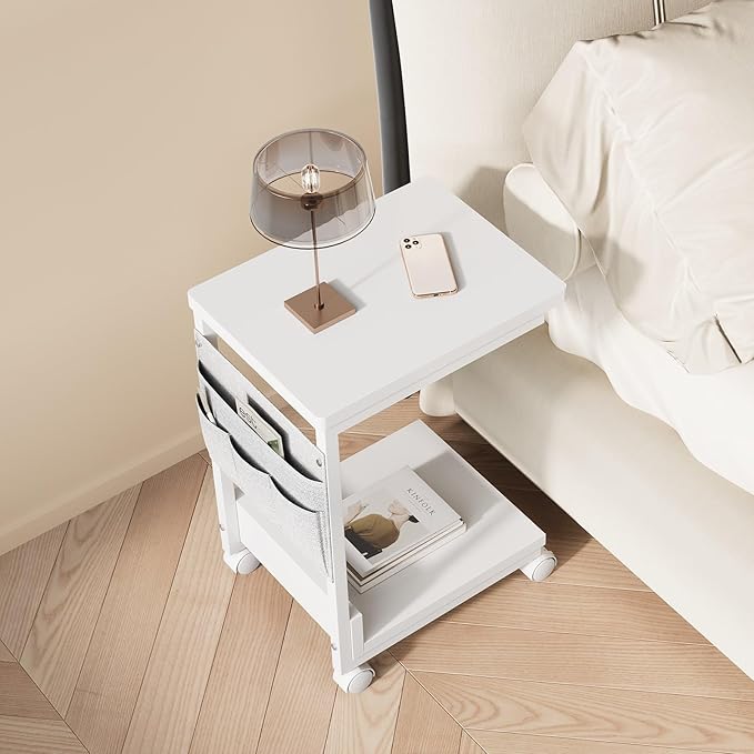 Side Table,C Table with 2-Tier Storage Shelf, End Table with a Storage Bag, Sofa Table with Wheels for Living Room, Bedroom, Office, Bathroom, White