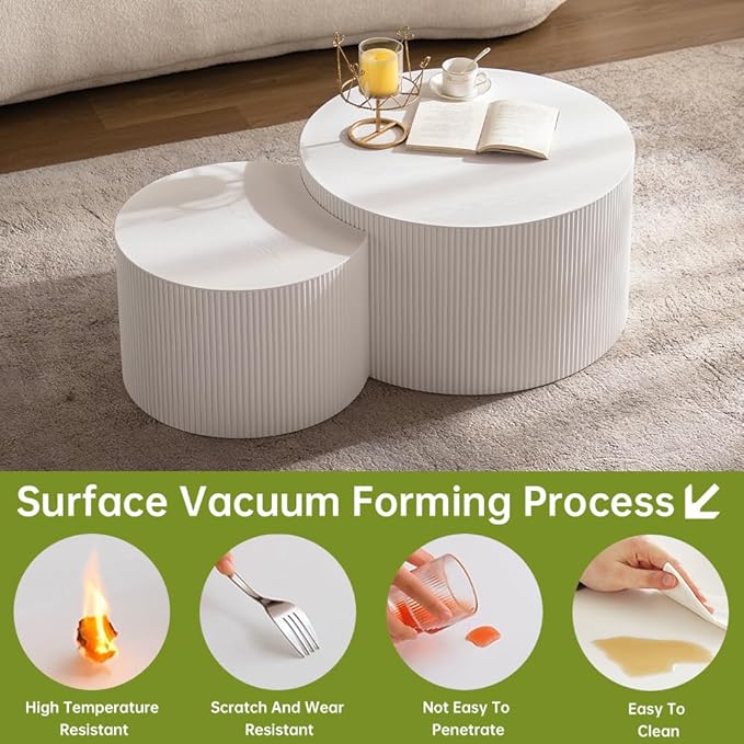 Round Nesting Coffee Table Set of 2 Small Round Coffee Tables for Living Room Modern Fluted Coffee Table Circular End Table Side Table for Small Spaces No Assembly (White A, 27 in)