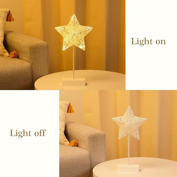 Lewondr Decorative Table Lamp, Christmas Star Night Lamp Winding Cotton Thread Warm LED Light Lamp for Bedroom, Battery Operated Lamp for Tables Cordless Xmas Home Romantic Bedside Table Lamp, White