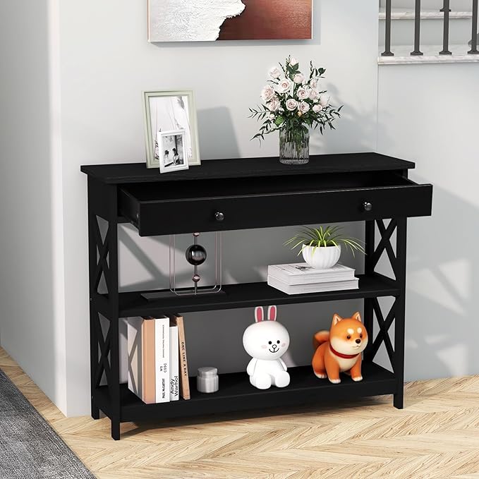 GOFLAME 39" Console Sofa Table with Drawers, 3-Tier Narrow Entry Table with Storage Shelves for Living Room Behind Couch, Entryway, Hallway (Black)