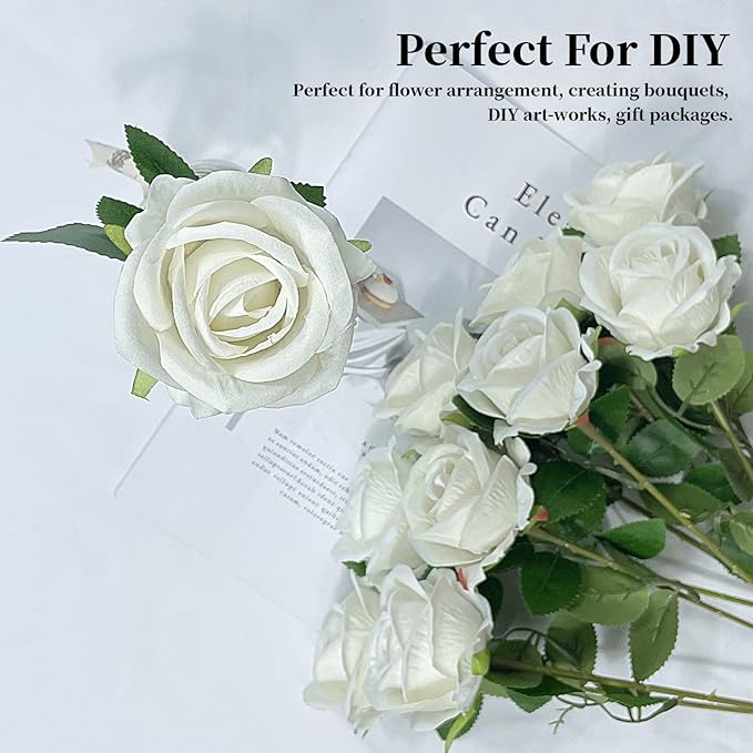 10 PCS Artificial Roses with Long Stems Silk Flowers Realistic Foam Flowers Fake Roses for Valentine's Day Home Wedding Halloween Decor(White)