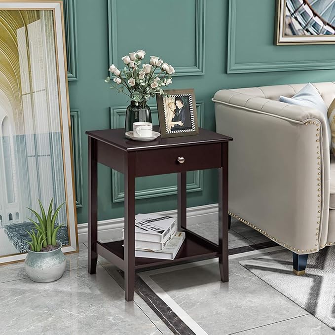 Giantex Nightstand Wooden 2-Tier Couch Sofa Side Table with Drawer, Storage Shelf, Solid Wood Legs,Mufti-Functional Home Furniture for Living Room Bedroom Study Room End Table (1, Brown)