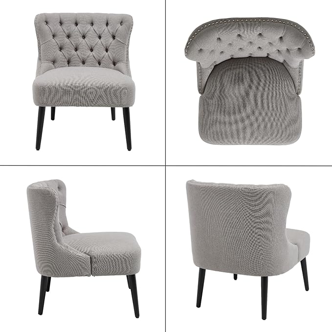 chairus Tufted Slipper Accent Chair, Armless Linen Living Room Chair with Nailhead Trim, Mid-Century Modern Upholstered Wingback Side Chair for Bedroom Reception Apartment Office, Grey