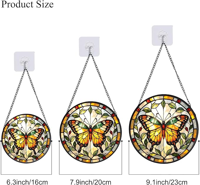 Butterfly Stained Glass Sun Catcher for Window Hanging, Yellow Butterfly Suncatcher for Indoor Window Decoration, Stained Glass Panel Home Decor for Women, Mom (Yellow, 9'')
