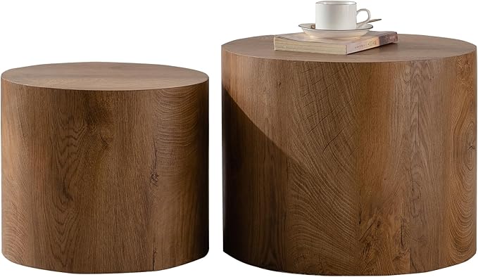 Nesting Coffee Table Set of 2, Modern Round Wooden Circle Accent Coffee Tables for Small Spaces Living Room Bedroom Balcony Office Drum Side Table