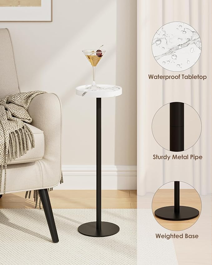 Drink Table, Small Pedestal Side Table, Round Cocktail Table, Circle Accent End Table with Metal Base, for Small Spaces (2, White Marble)