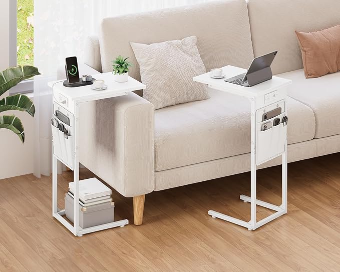 Vagusicc C Shaped End Table with Charging Station, Small Side Table for Couch, Couch Side Tables C Table, Slide Under Sofa Recliner Table TV Tray Arm Tables for Living Room, Bedroom, Bedside, White