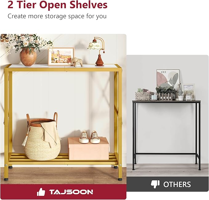 Tajsoon 28.3" Entryway Table, 2-Tier Small Consle Table for Entryway, Narrow Sofa Table with Shelves, Entrace Table for Hallway, Living Room, Corridor, Office, Gold & White