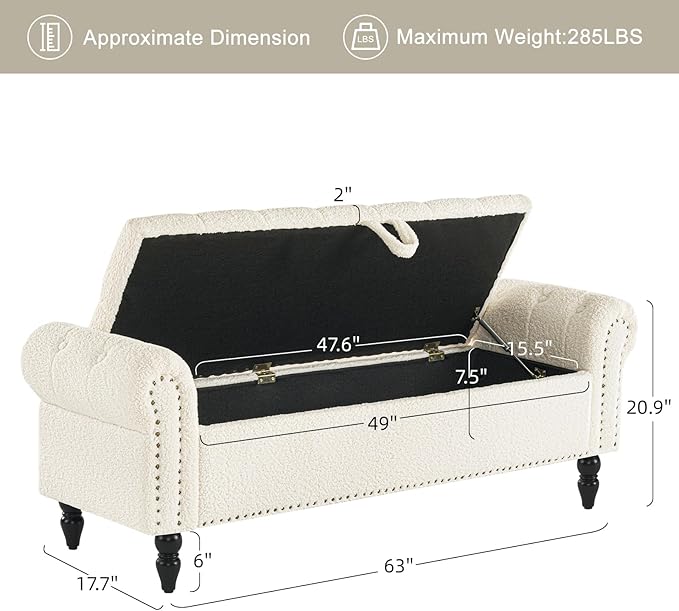 Furniliving 63” End of Bed Bench, Bedroom Bench with Button-Tufted, Large Upholstered Storage Ottoman Benches Entryway Bench with Storage Shoe Cabinet Bench, for Bedroom, Living Room, Faux Fur, White