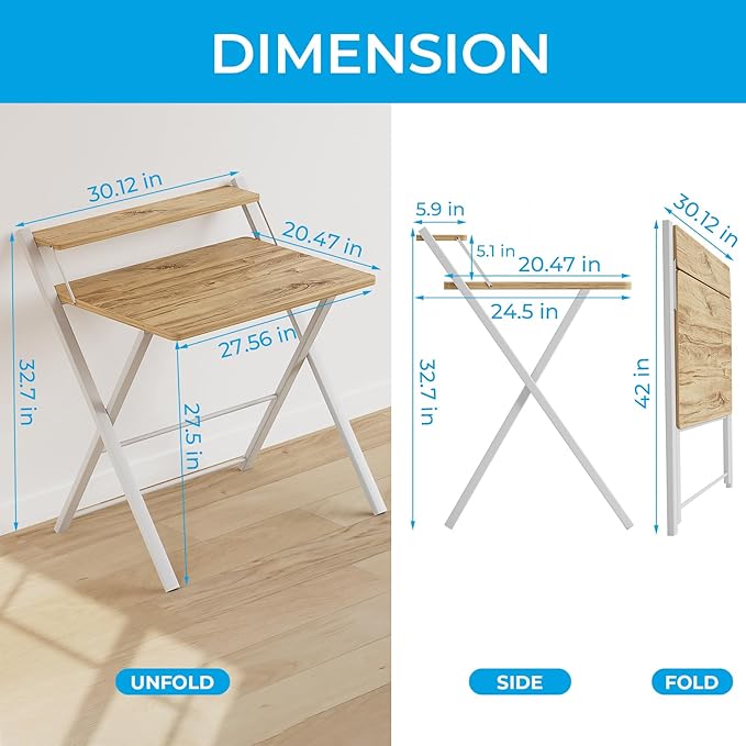 GreenForest No Assembly Folding Desk, 2-Tier Compact Computer Desk with Shelf, 30 inch Space Saving Foldable Table for Home Office, Dorm or Apartment, Portable Collapsible Sturdy Laptop Desk, Oak