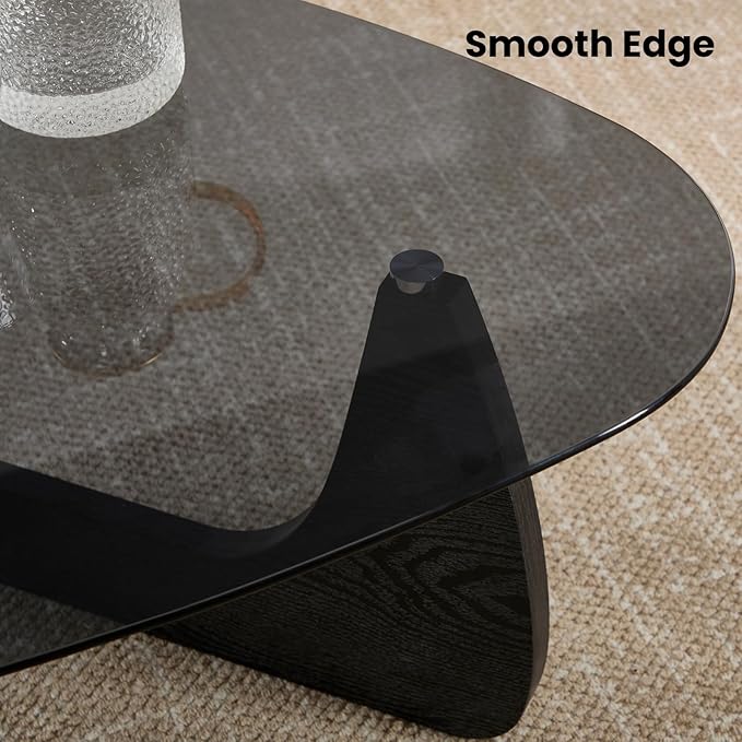 DUOMAY Modern Triangle Glass Coffee Table, 16 Inch High Glass Top Abstract Small End Table with Solid Natural Wood Base, Tea Table Suitable for Living Room, Office, Patio, Apartment, Black Wood