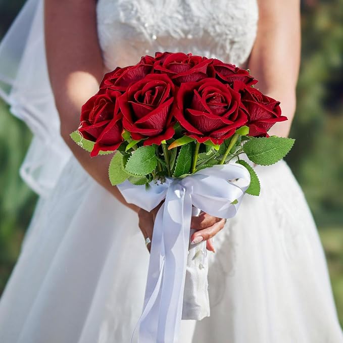 10 PCS Artificial Roses with Long Stems Silk Flowers Realistic Foam Flowers Fake Roses for Valentine's Day Home Wedding Halloween Decor(Brilliant Red)