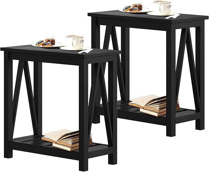 ChooChoo Farmhouse End Table Set of 2, Rustic Vintage Narrow End Side Table with Storage Shelf for Small Spaces, Nightstand Sofa Table for Living Room, Bedroom Black