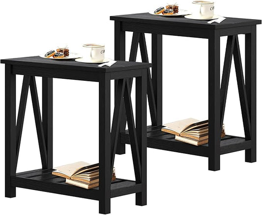 ChooChoo Farmhouse End Table Set of 2, Rustic Vintage Narrow End Side Table with Storage Shelf for Small Spaces, Nightstand Sofa Table for Living Room, Bedroom Black