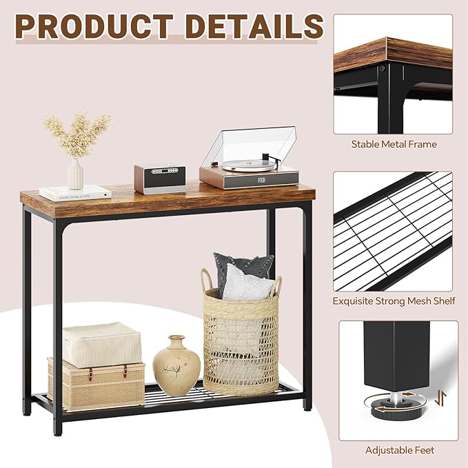 32" Small Console Table, 2-Tier Entryway Table, Sofa Table with Mesh Shelves, Console Tables for Living Room, Bedroom, Hallway, Entryway, Foyer, Rustic Brown
