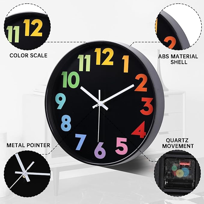 12 Inch Wall Clock for Kids Non Ticking Battery Operated Toddler Teaching Clock Silent Colorful Time Decorative Round Clock for Bedroom, Nursery Room, School, Home/Black