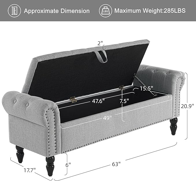 Furniliving 63” End of Bed Bench, Bedroom Bench with Button-Tufted, Large Upholstered Storage Ottoman Benches Entryway Bench with Storage Shoe Cabinet Bench, for Bedroom, Living Room, Linen, Grey