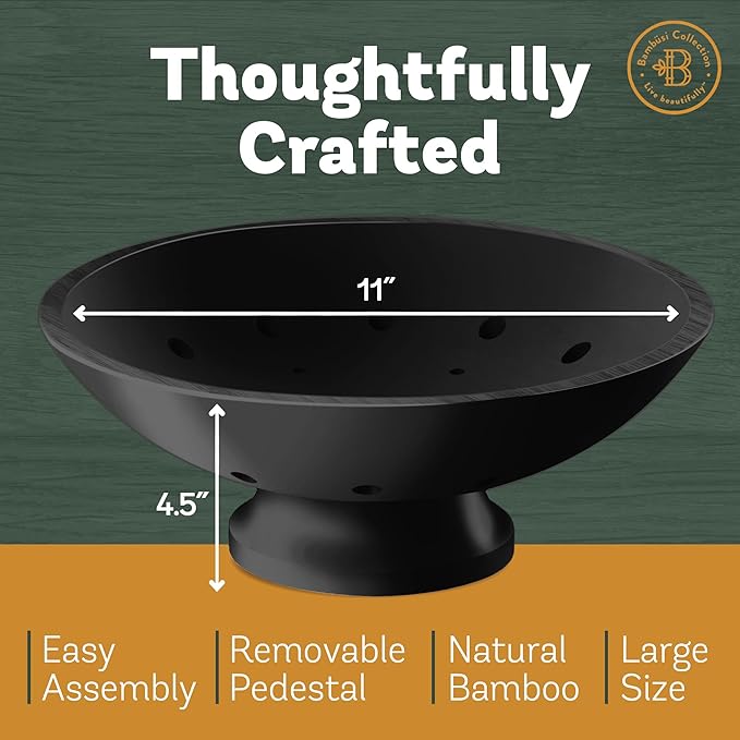 Black Wooden Fruit Bowl - Large Decorative Pedestal Bowl for Kitchen Counter & Dining Table Centerpiece, Modern Bamboo Serving Bowl for Fruits, Salads, Snacks, Keys, Bread, Entryway or Home Decor Gift