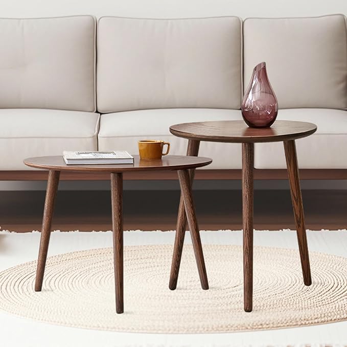 Walnut Side Table,Oval End Table - FAS-Grade North American Oak,17.5''D x 25.6''W x 19.7''H Modern Solid Wood Side Table with Triangle Legs,Compact for Small Spaces,Easy Assembly