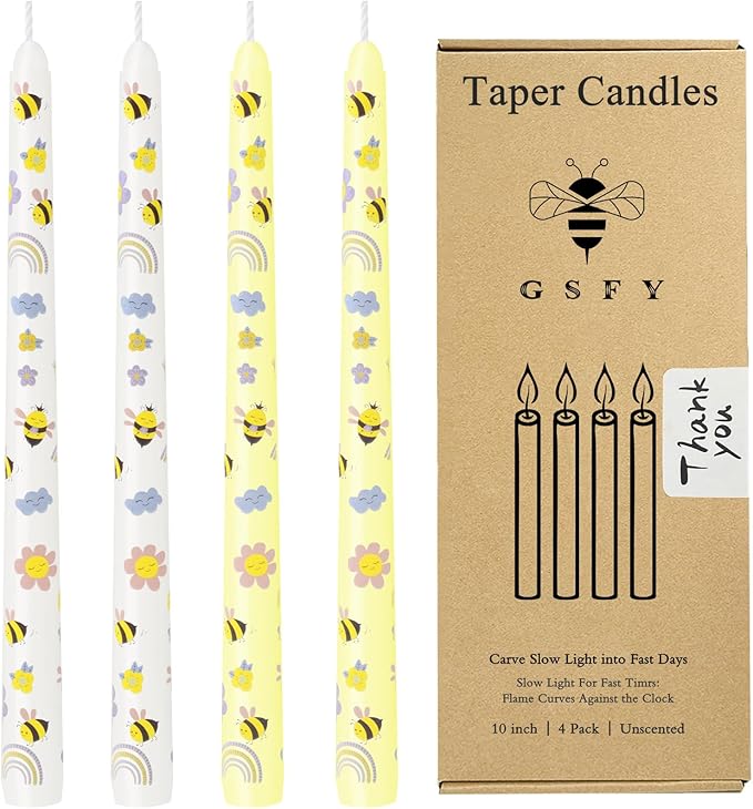 10 Inch Taper Candles with Honeybee Design – Smokeless Dripless Yellow Dinner Candles for Table, Party, Farmhouse Decor (4-Pack Assorted Yellow A)