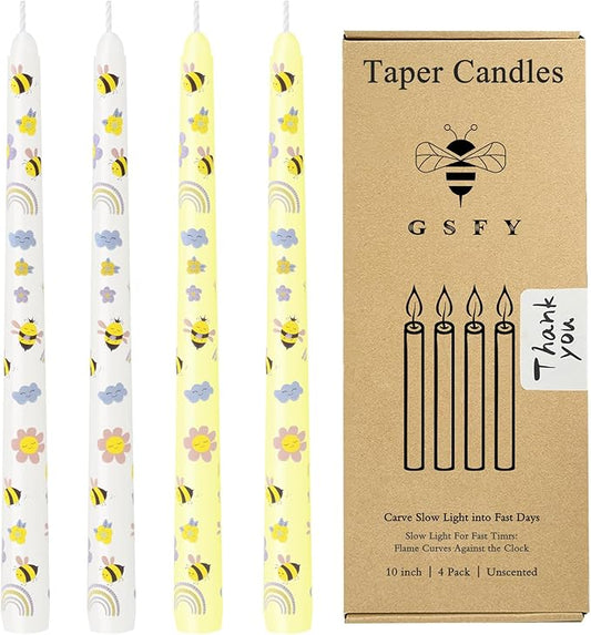 10 Inch Taper Candles with Honeybee Design – Smokeless Dripless Yellow Dinner Candles for Table, Party, Farmhouse Decor (4-Pack Assorted Yellow A)
