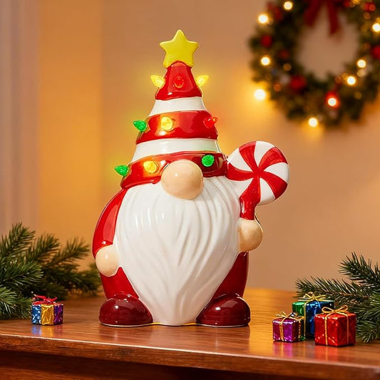 RM ROOMERS Lighted Christmas Gnome, 7.48" Candy Theme LED Elf Figurine with Multicolor Lights Pre-lit Ceramic Xmas Tree Decor for Table Centerpiece Mantel Home Indoor