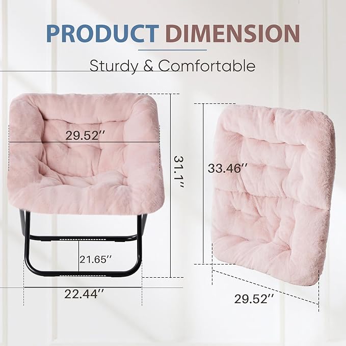 DUMOS Comfy Chair for Adults, Soft Faux Fur Folding Lounge for Bedroom Living Room Dorm Rooms Flexible Reading Chair for Teens, Large Size Foldable (Square-Pink)