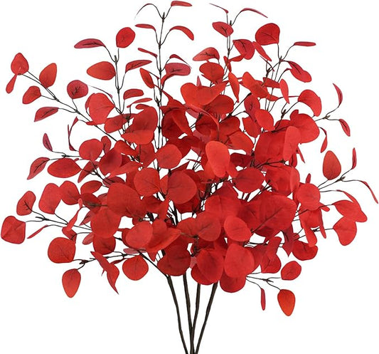 4Pcs Artificial Eucalyptus Leaves Stems 33.8‘’ Eucalyptus Plants Branches Greenery for Home Fireplace Farmhouse Party Wedding Table Bathroom Christmas Décor Red