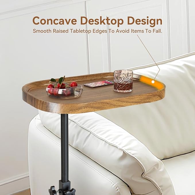 C Shaped End Table for Couch, Sofa Armrest Tray Table with Adjustable Height, 360° Swivel Sofa Bed Bathroom TV Tray for Living Room,Bed Side, Bedroom,Study and Small Spaces(Walnut Color)