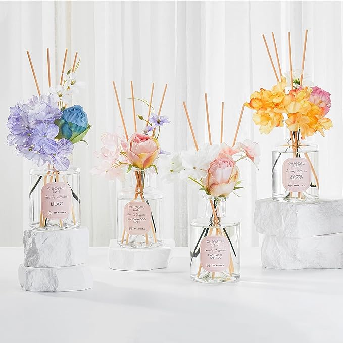 Chloefu Lan Flowers Reéd Diffuser for Girls Room Decor, 6.7oz with 9 Sticks, Jasmine Blossom Scent Diffusers for Home, Scentsy Home Fragrance, Scented Oils, Home & Bathroom Décor