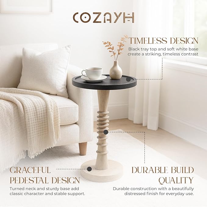 Pedestal Small Drinking Table, Farmhouse Tray Top End Table, Distressed Finish, Black Top on Aging White Frame