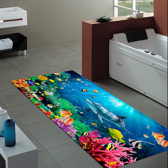 Bath mats in Bathroom and Kitchen Sponge Foam Carpet absorbs Soft (71 x 24 inches), Flange mats in Bedside and Living Room are Non Slip and Bright 3D Printing (Dolphin Underwater World)