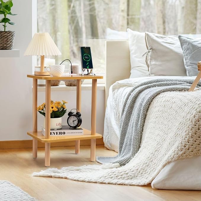 FORAOFUR End Table with Charging Station, Small Tables for Small Spaces in Living Room, Bedroom &Office, Nightstand Bedside Table with Solid Wood Legs, No Assembly Required