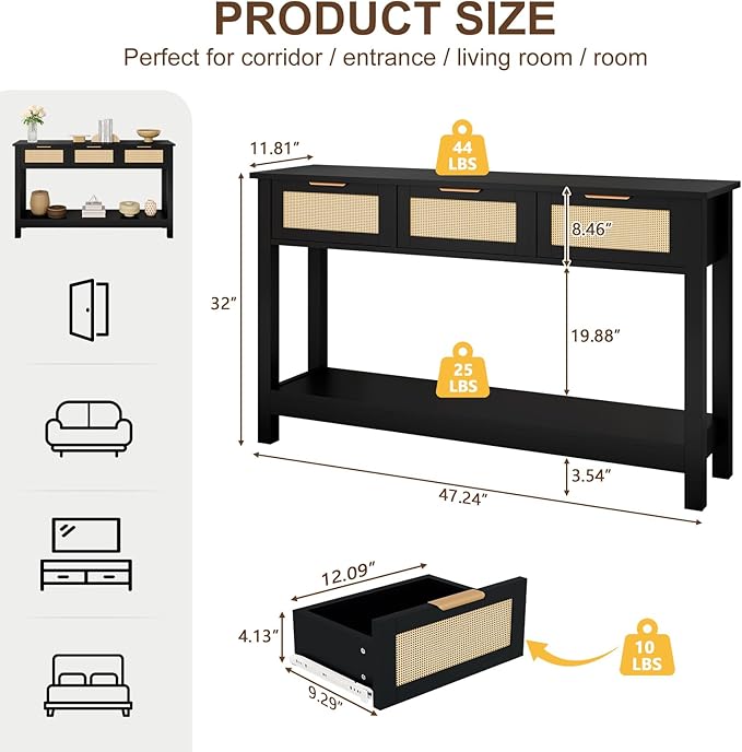 Luoxiao Entryway Console Table with 3 Rattan Drawers - Long Sofa Table Behind Couch Modern Fluted Hallway Living Room Storage Cabinet, Entry Table Open Shelf Foyer Furniture, Anti-Tip, Black, 47 Inch